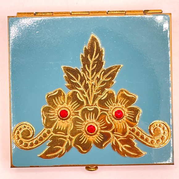 Rex Fifth Avenue Vintage Teal Enamel Gold Tone Rhinestone Compact Unused - Picture 2 of 9